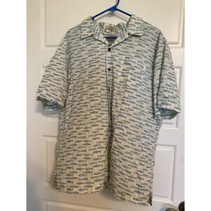 Vtg L.L. Bean Hawaiian Shirt Mens L Blue Fish Traditional Fit Button Up Cotton